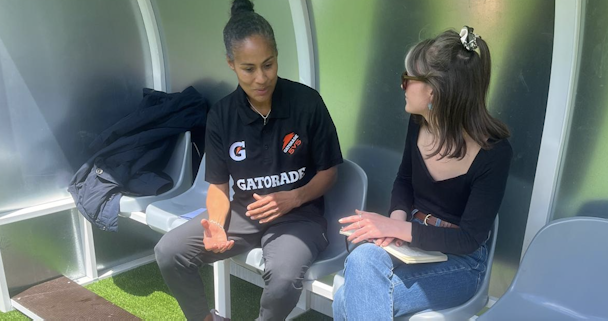 Ex-Lioness Rachel Yankey (left) talking to The Drum's Hannah Bowler Ex-Lioness Rachel Yankey (left) talking to The Drum's Hannah Bowler